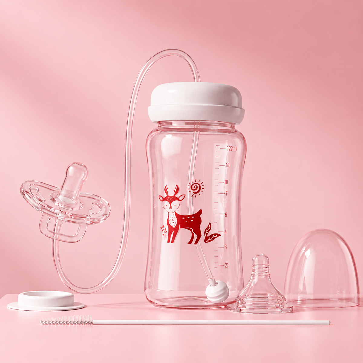 BabyFlow 360 in Red, disassembled to show the nipple, gravity-ball tube, storage lid, and cleaning brush