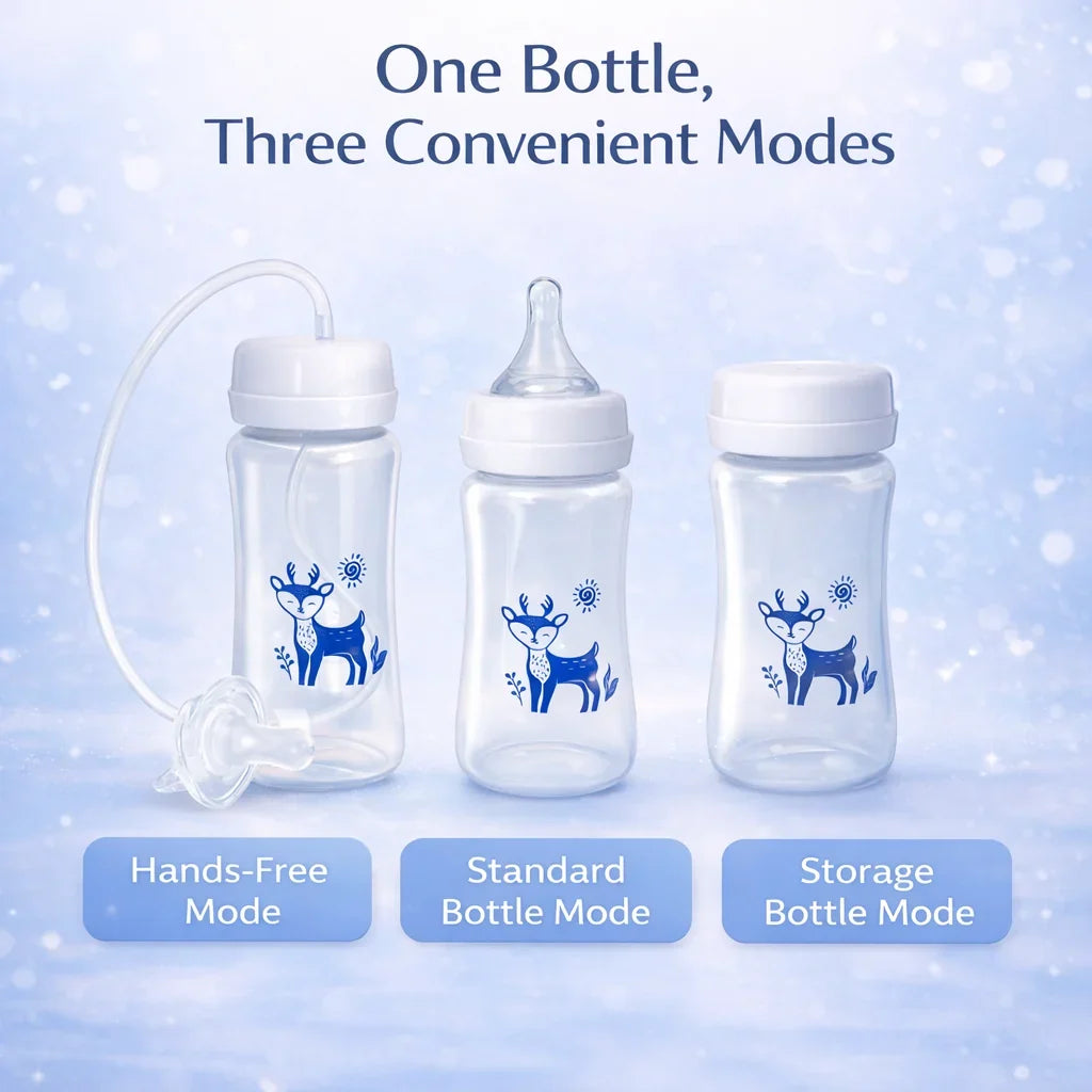 BabyFlow 360 shown in its three modes: feeding, travel, and storage