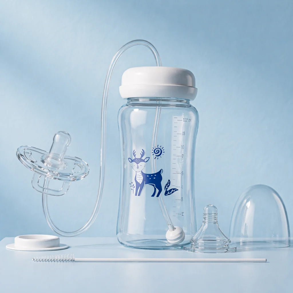 BabyFlow 360 in Blue, disassembled to show the nipple, gravity-ball tube, storage lid, and cleaning brush